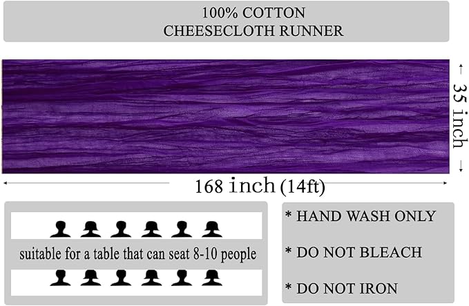 MDS Pack of 2 Cheesecloth Table Runner 35x170 Inch, 14FT Long Gauze Cheese Cloth Table Runner for Wedding Party Birthday Bridal Shower Farmhouse Garden Boho Rustic Table Decoration - Purple