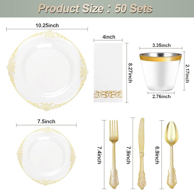 Bestluck 350PCS Clear Gold Plastic Plates for 50 Guests, Disposable Dinnerware Set Includes 100 Clear Disposable Plates, 150 Gold Silverware, 50 Cups, 50 Napkins for Party, Wedding