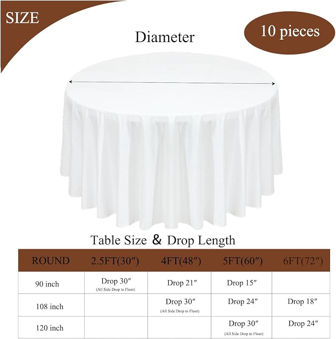 10Pack White Round Tablecloth 90 inch White Table Cloth, Washable Round Table Cloth Polyester Table Cover for Dining Wedding Banquet Party
