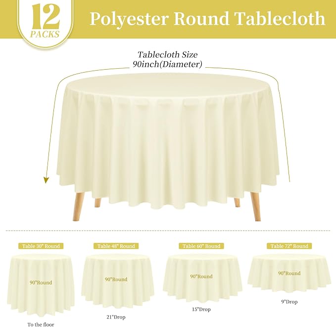 Pesonlook 12 Pack Round Tablecloth Beige Polyester Round Table Cloths 90 Inch Washable Fabric Table Cover Beige Tablecloth for Wedding/Party/Banquet/Dining/Buffet (Beige/90 Inch)