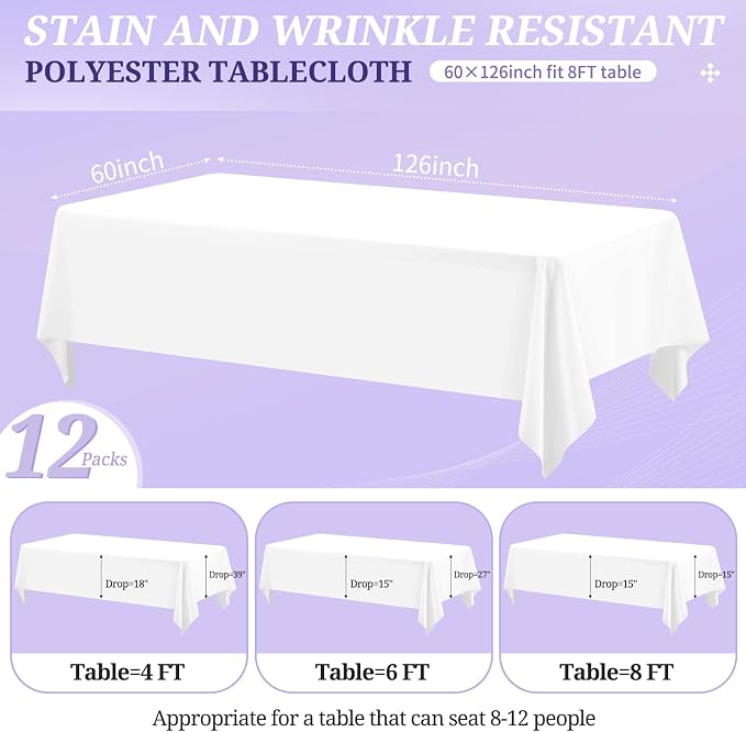 12 Pack White Tablecloths for Rectangle Tables 60 x 126 Inch White Polyester Tablecloth 8 Foot Rectangle Table Cloth Wrinkle Resistant Washable Fabric Table Cover for Party Wedding Banquet Events