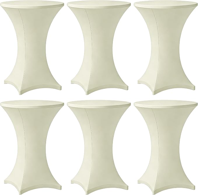 Cocktail Table Covers - 6 Pack 32x43 Inch Table Cloth - Ivory Fitted Stretch Spandex Round High Top Tablecloth for Party, Bar, Birthday, Pub, Banquet