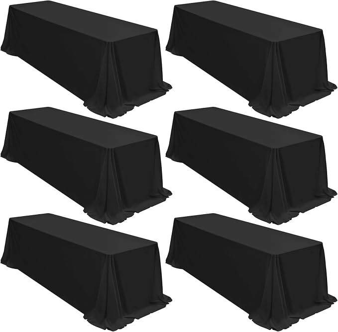 6 Packs Tablecloth 90 x 156 Inch, Black Polyester Table Cloth for 8ft Rectangle Tables, Stain and Wrinkle Resistant Washable Fabric Table Cover for Wedding Banquets Parties Buffet Dining Table