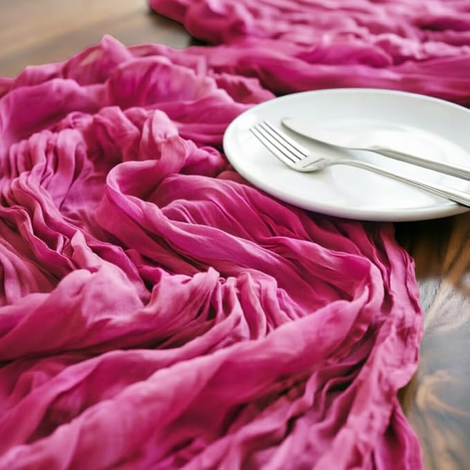 LINXTAR Fuschia Cheesecloth Table Runner 120 Inches 10Ft Gauze Summer Boho Table Runner for Wedding Tea Party Baby Shower Bridal Birthday Home Decoration