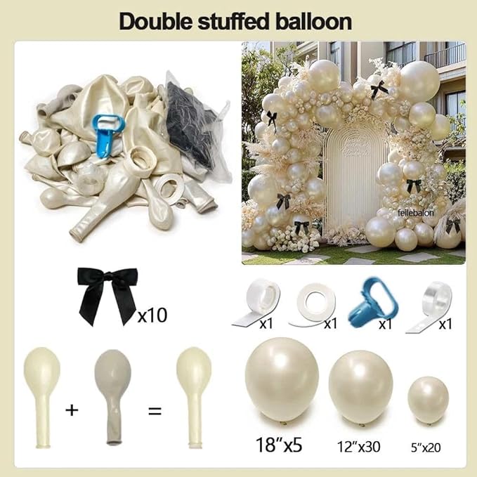 Pearl Sand White Balloon Arch Kit with Black Bow Double Stuffed Pearl Cream Ivory Beige Balloon Garland Different Size 5/12/18 Inch for Bow Birthday Bridal Wedding Baby Shower Coquette Party Decor
