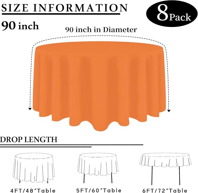 8 Packs 90 Inch Orange Round Tablecloth in Diameter, Washable Polyester Fabric Tablecloths, Wrinkle Resistant Table Cloth for Wedding Party Banquet Dining