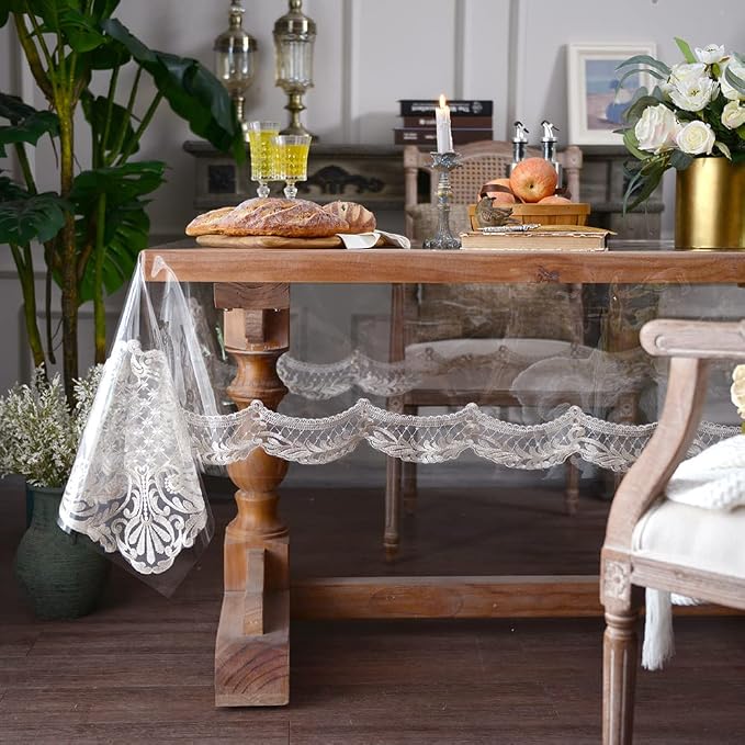 ARTABLE Vinyl PVC Rectangle Tablecloth Waterproof Clear Table Cover with Champagne Lace Macrame Border for Wedding Kitchen Home Outdoor Indoor Holidays Party Decor (Stone, 60 x 120 Inch)