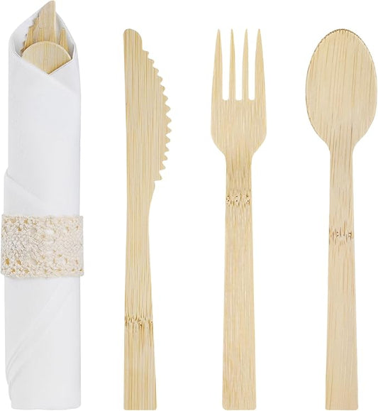 Pre-Wrapped Bamboo Cutlery Set with Napkins – 50 Pack Eco-Friendly Disposable Utensils (50 Forks, 50 Knives, 50 Spoons, 50 Napkins) | Biodegradable Wooden Silverware for Parties, Weddings, & Events
