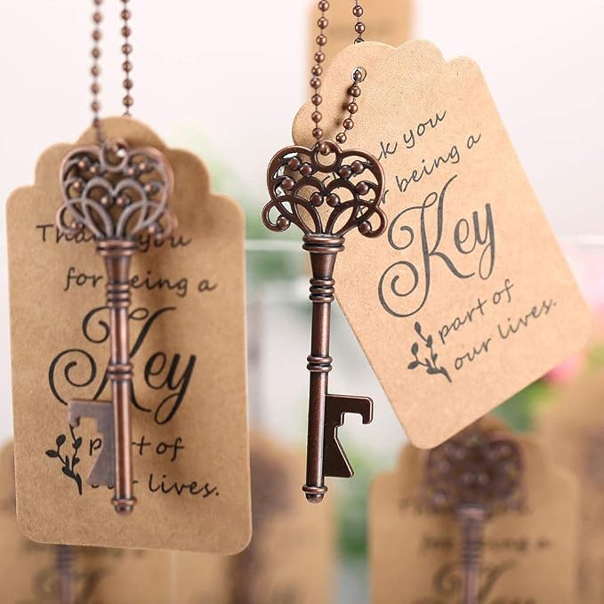 100 PCS Wedding Favors/ Party Favors Key Bottle Opener,Vintage Skeleton Key Bottle Openers with Escort Tag Cards and Key Chains(Red Copper)