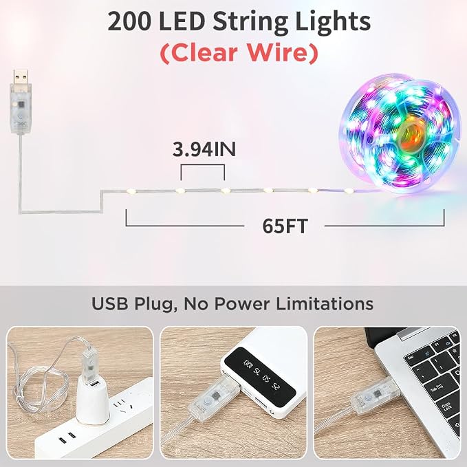 65ft Color Changing Christmas String Lights, 200 LED Twinkle Fairy Lights String Waterproof, 200+ Scene Modes, Smart App & Remote for Indoor Outdoor Christmas Tree Party Bedroom Patio Decor