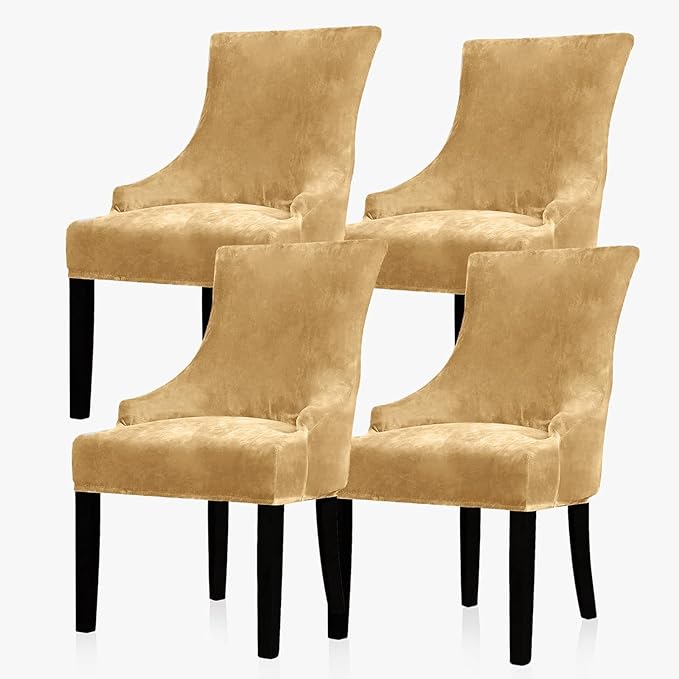 Lellen Velvet Stretch Wingback Chair Cover - Reusable Wingback Side Chair Slipcover Chair Seat Cover Chair Protector Cover for Dining Room Banquet（Beige, 4PC