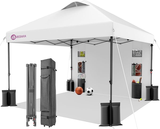 10x10 Pop Up Canopy with Sidewall, One-Person Setup - UV & Water Resistant Canopy Tent w/Wheeled Carry Bag for Beach, Patio, Camping & Events - White