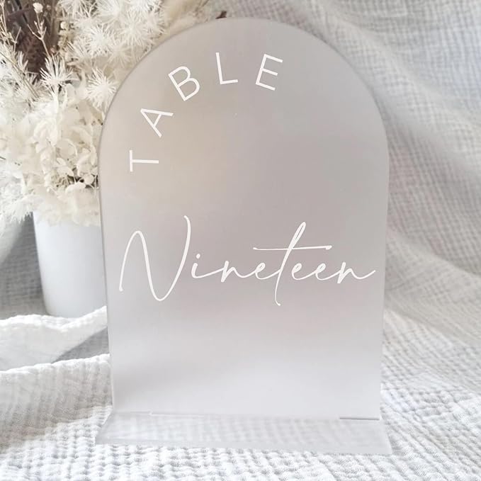 JINMURY Frosted Arch Wedding Table Numbers 1-20 with Stands, 5x7 Inch Frosted Arch Acrylic Sign with White Letters, Arched Acrylic Table Numbers for Wedding Reception