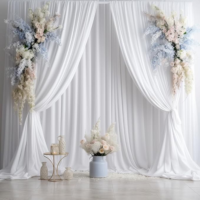 10ftx14FT Wrinkle Free White Backdrop Curtain, 2 Panels 14FT Height White Wedding Backdrop Drapes, Silky Polyester Back Drop Cloth for Birthday Photography Background Party Backdrop Draping