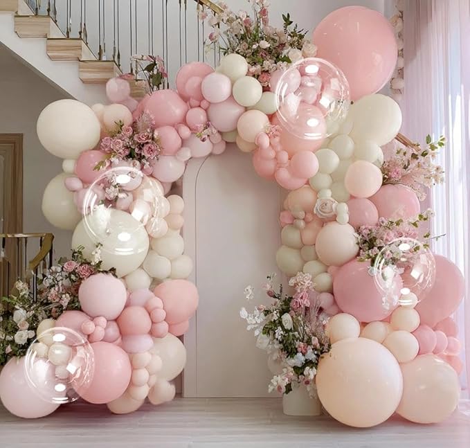 Pastel Pink White Balloon Arch Double Stuffed Light Pink White Sand Beige Balloon Garland Kit Peach Ivory Cream Balloons for Birthday Baby Shower Valentines Bridal Shower Wedding Princess Party Decor