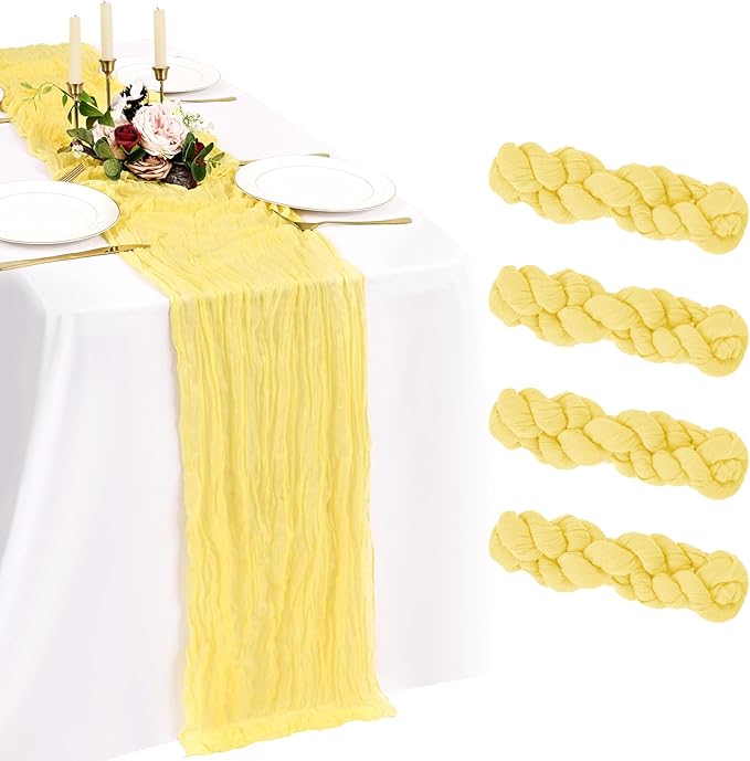 4 Pack Cheesecloth Table Runner 10FT Light Yellow Table Runner Boho Gauze Cheese Cloth Table Runners Long Rustic Sheer Table Decorations for Wedding Party Baby Bridal Shower Birthday Holiday Home