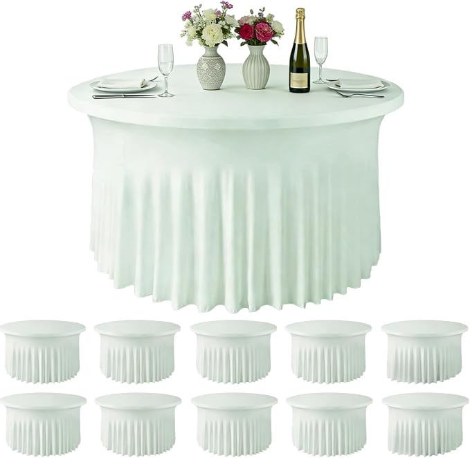 10 Pack Ivory Green Spandex Round Tablecloths for 60inch Tables, 120 Inch Stretchy 5ft Round Fitted Tablecloth Wrinkle Free Washable Table Cloths Covers with Skirt for Wedding Party Birthday Banquet