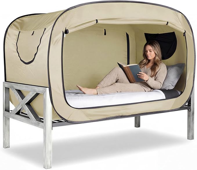 ANC POP Bed Tent Twin Bed Canopy Portable Dream Tent for Adult Indoor Sleeping Tents with 2 Doors Breathable Private Space Tents, Pale Yellow