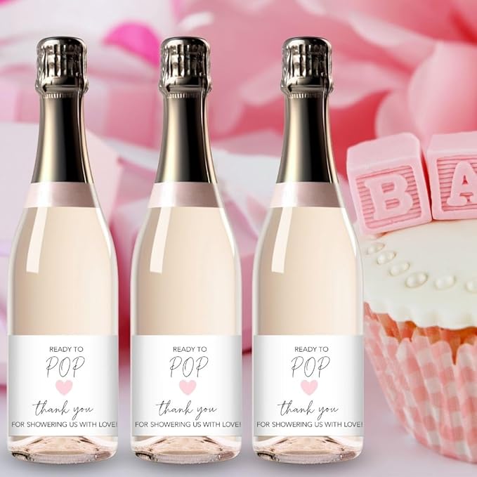 It’s a Girl Mini Champagne Bottle Labels ● Set of 12 ● She’s Ready to POP Baby Shower Favor Label, About to POP Thank You Favors, Pink Baby Shower Gender Reveal Stickers Waterproof (Heart)