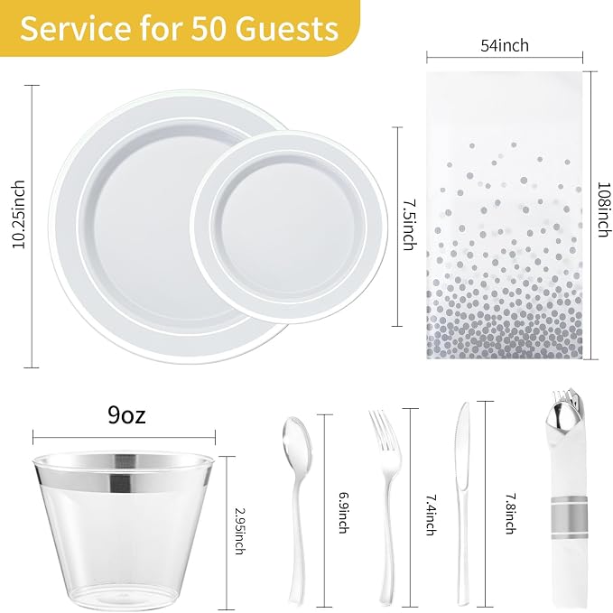 Goodluck 352 Piece Silver Plastic Dinnerware Set for 50 Guests, Disposable Plates for Party Include: 50 Dinner Plates 50 Dessert Plates, 50 Pre Rolled Napkins with Silverware, 50 Cups, 2 Tablecloth
