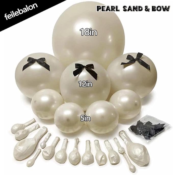 Pearl Sand White Balloon Arch Kit with Black Bow Double Stuffed Pearl Cream Ivory Beige Balloon Garland Different Size 5/12/18 Inch for Bow Birthday Bridal Wedding Baby Shower Coquette Party Decor