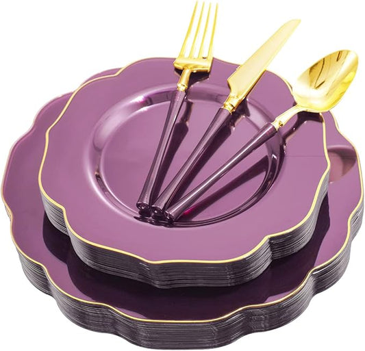 Ciaell 120PCS Clear Purple Plastic Plates - Purple Party Disposable Gold Plastic Plates including 48Plates, 24Forks, 24Spoons, 24Knives for Party & Wedding & Halloween