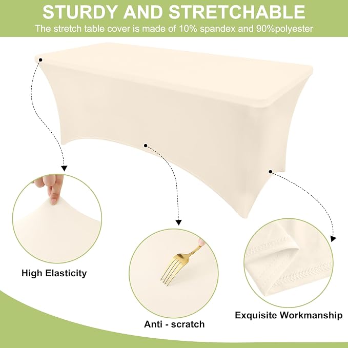 Moosfor Spandex Elastic Fitted 6FT Rectangle Tablecloth 6 Pack, Stretch Washable Reusable Table Cover for Outdoor Picnic, Dining, Wedding, Banquet & Party Events (Beige, 72Lx30Wx30H Inch)