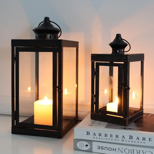 Large Lantern Decorative Outdoor & Indoor, Set of 2 (14’’&10’’) Metal Candle Lanterns Decor, Vintage Hanging Candle Holder for Front Porch Patio Wedding Farmhouse Home, Spring Decoration