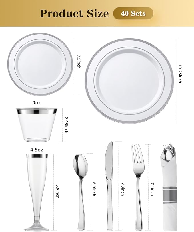 Goodluck 320 PCS Silver Disposable Plastic Dinnerware Set for 40 Guests, Include 40 Dinner Plates, 40 Dessert Plates, 40 Napkins with Silverware, 40 Cups, 40 Champagne Glasses, for Christmas, Wedding