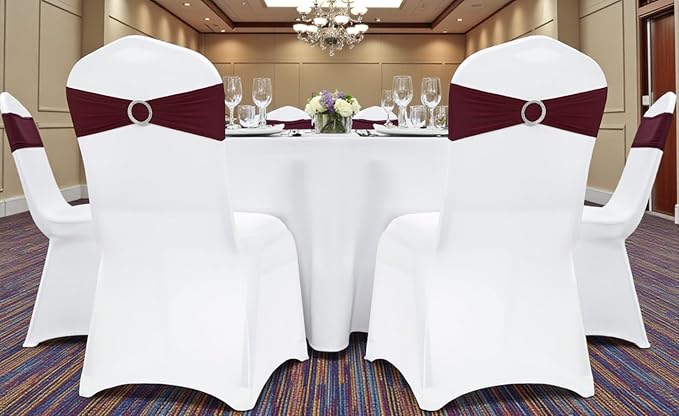 VDS - Burgundy | Spandex Chair Sashes Bows | 300 PCS | Stretch Elastic Banquet Universal Folding Chair Band Tie with Silver Buckle Slider for Wedding Party Conference Celebration Event Decoration