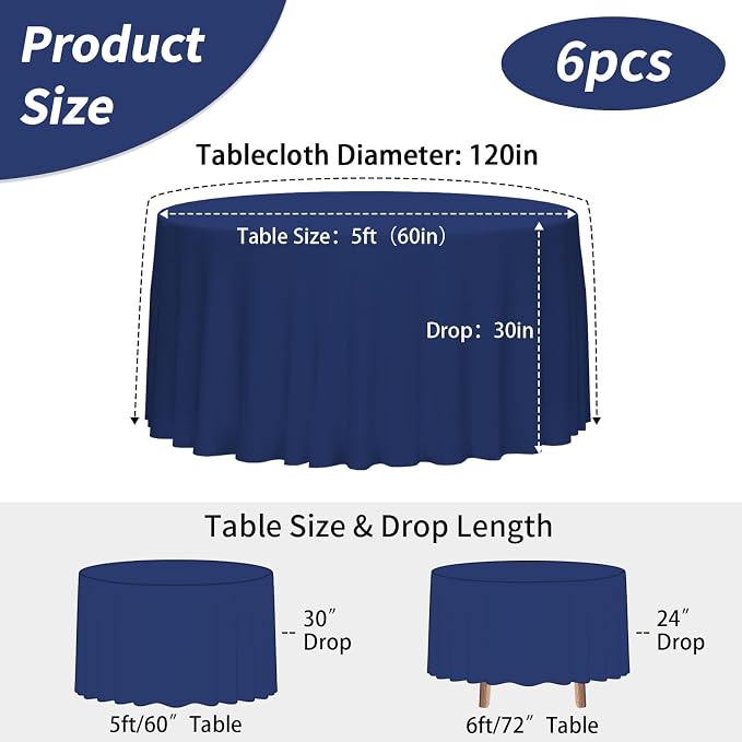 Fixwal 120 Inch Navy Blue Round Tablecloth, 6 Pack Round Table Cloth Polyester Fabric Washable Table Covers for Wedding, Party, Banquet, Dining, Birthday Events