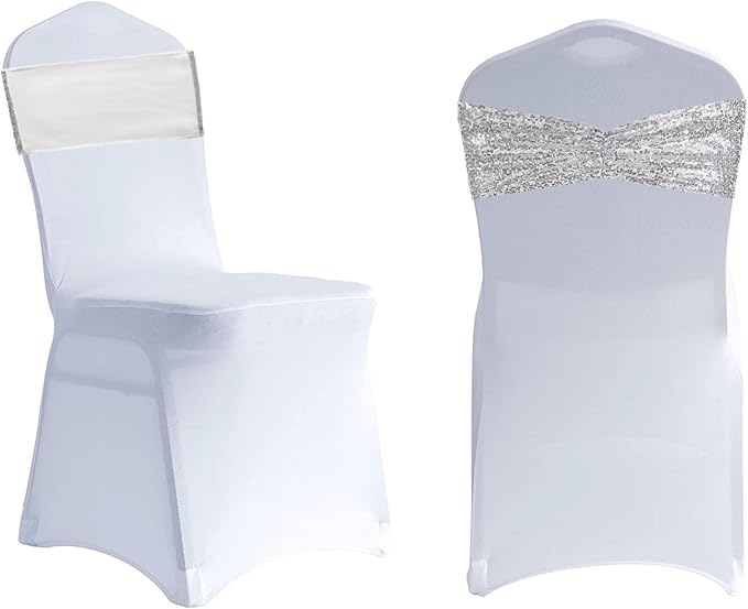 SquarPie Pack of 10 Chair Sashes Bands Silver Stretch Spandex One-Sided Sequin Bows for Wedding Party Fiesta Decor