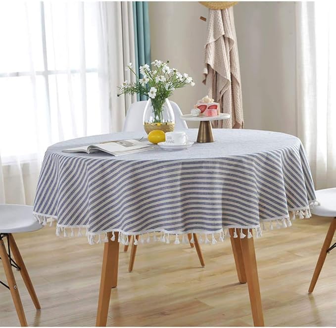 meioro Round Tablecloth Stripe Tassel Table Cloth Cotton Blend Dust-Proof Table Cover for Dining Circle Coffee Side End Card Tables, Parties Holiday Indoor Outdoor Use (Blue/White Stripes, 60 Inch)