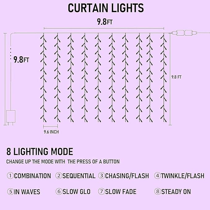 Dazzle Bright 300 LED Christmas Curtain String Lights, Halloween Fairy Lights for Bedroom with 8 Lighting Modes, Waterproof Window Light Party Wedding Garden Wall Decor, Purple