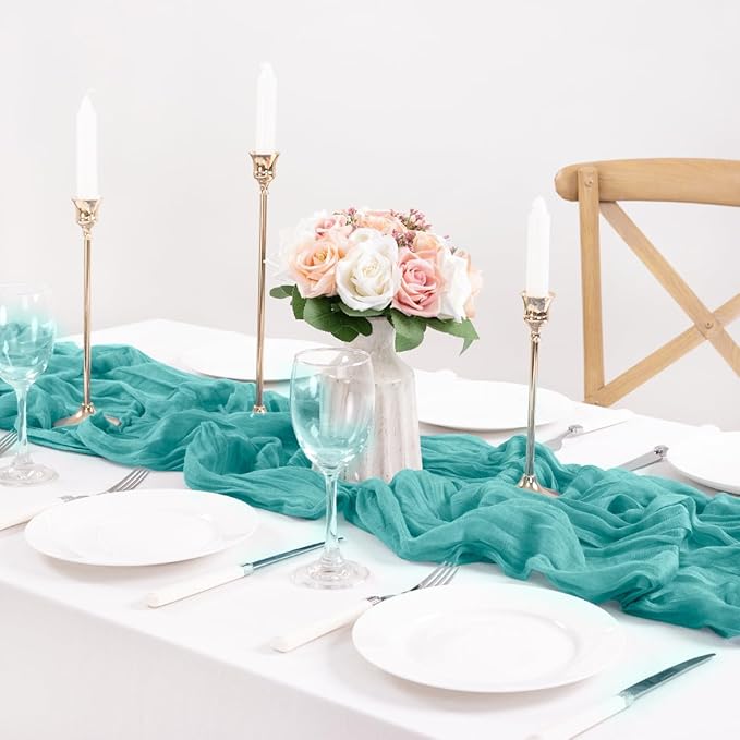 MLMC Teal Table Runner 10ft Rustic Spring Cheesecloth Table Runner Gauze Cheese Cloth Centerpiece Decororations 35x120 Inches for Easter Wedding Baby Shower Outdoor Picninc Decor