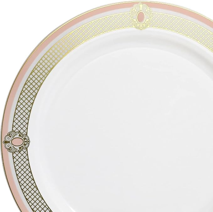 " OCCASIONS " 50 Plates Pack (25 Guests)-Wedding Party Disposable Plastic Plate Set -25 x 10.25'' Dinner + 25 x 7.5'' Salad & Dessert plates (Royal in White/Blush & Gold)