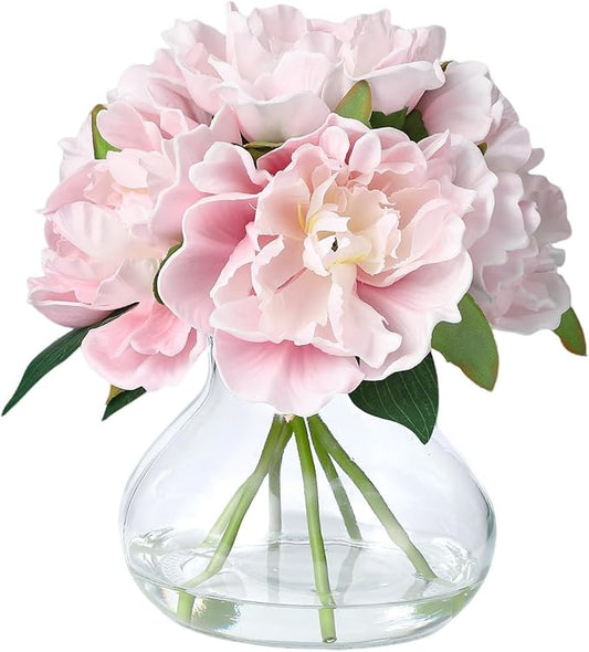 Pink Peony Bouquet in Glass Vase - 6 Piece Artificial Flower Arrangement with Faux Water for Wedding & Home Centerpieces