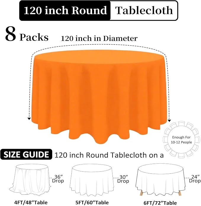 8 Pack Orange Round Tablecloth 120 Inch Wrinkle Resistant Orange Table Cloth Reusable and Washable Polyester Fabric for Buffet Wedding Party and Banquet