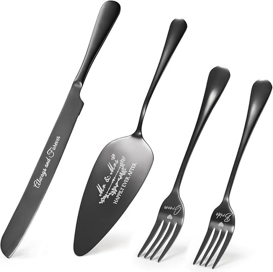 Wedding Cake Knife and Server Set, Black Cake Cutting Set for Wedding, 4 Pieces Set with Forks for Engagements, Anniversaries, Bride and Groom