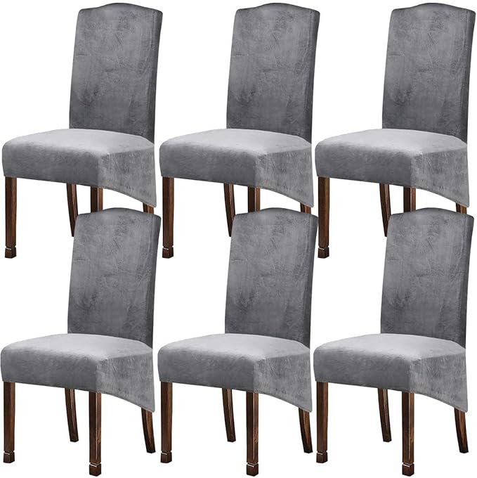 Velvet Plush XL Dining Chair Covers, Stretch Chair Slipcover, spandex High Chairs Protector Covers Seat Slipcover with Elastic Band for Dining Room,wedding, ceremony, banquet (Silver Grey, Set of 6)