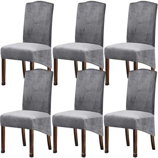 Velvet Plush XL Dining Chair Covers, Stretch Chair Slipcover, spandex High Chairs Protector Covers Seat Slipcover with Elastic Band for Dining Room,wedding, ceremony, banquet (Silver Grey, Set of 6)
