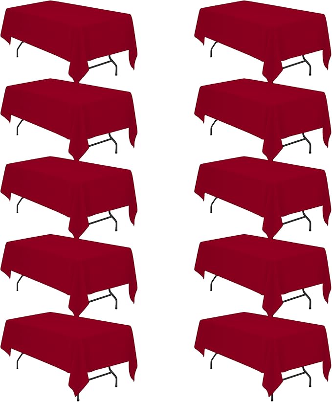 BRILLMAX 10 Pack Burgundy Tablecloths 60 x 102 Inch for 6ft Rectangle Tables - 150 GSM Polyester Fabric, 15" Standard Drop, Water, Stain & Wrinkle Resistant Cloth Cover for Wedding Dining Buffet