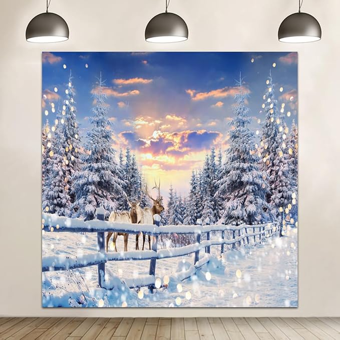 Winter Wonderland Christmas Backdrop 10x10ft for Photography Forest Reindeer Snow Winter Scene Backdrop for Pictures Christmas Party Holiday Background Decorations Photo Booth