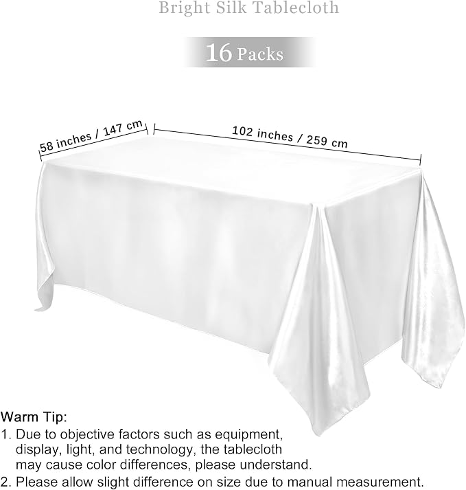 TURSTIN 16 Packs White Satin Tablecloth 102 x 58 Inch Overlay Satin Table Cover Rectangle Bright Silk Tablecloth Smooth Fabric Table Decoration for Wedding Banquet Party Events