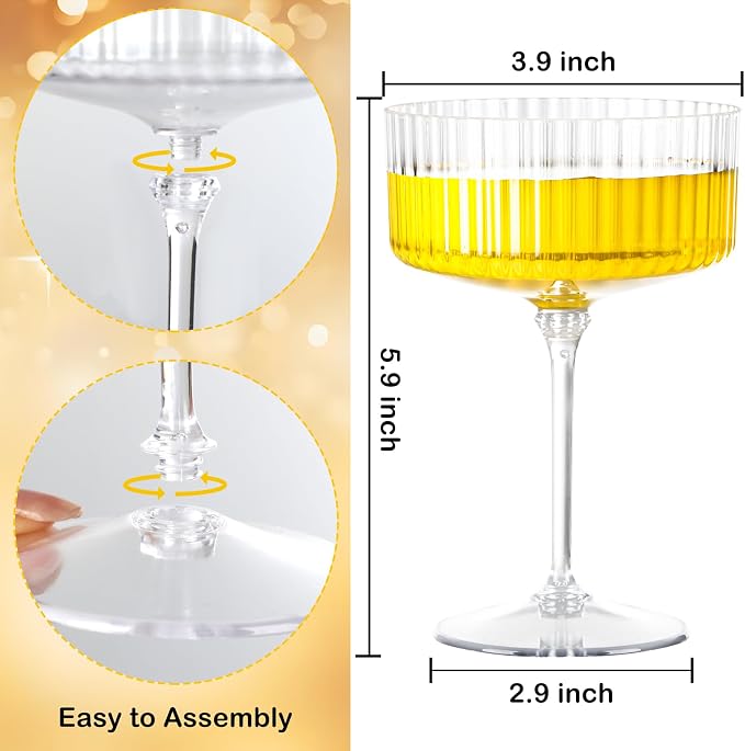 LIYH 20 Pcs Plastic Champagne Glasses 10 Oz Cocktail Coupe Glasses Champagne Flutes Plastic Coupe Cups Disposable Martini Cups Perfect for Bar Cocktails Martinis Parties