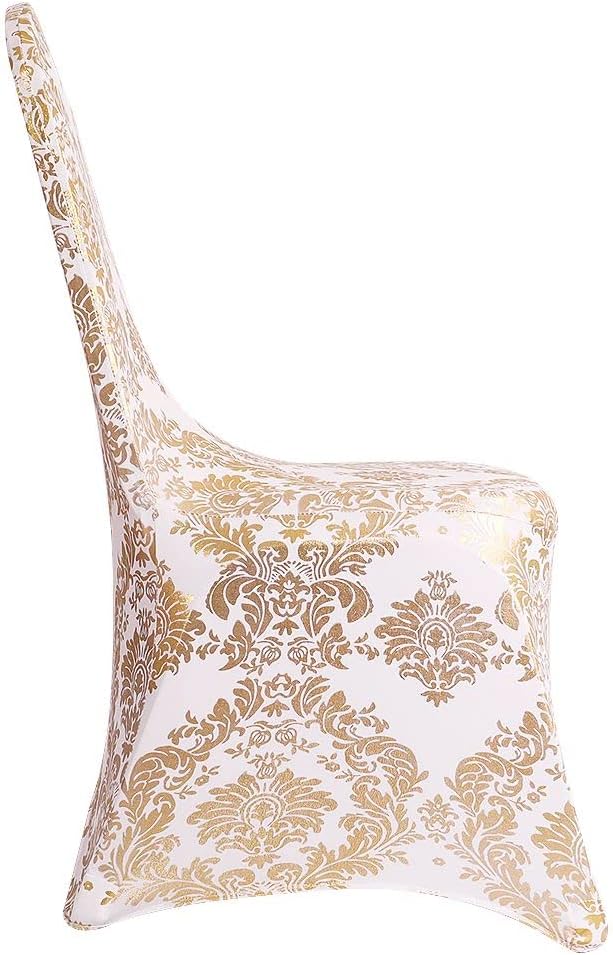 Pack of 4 Dining Chair Covers Bronzing Gold Flower Print Removable Washable Spandex Stretch Decorative Chair Slipcovers Set for Party Wedding Home Decorations - Gold+White