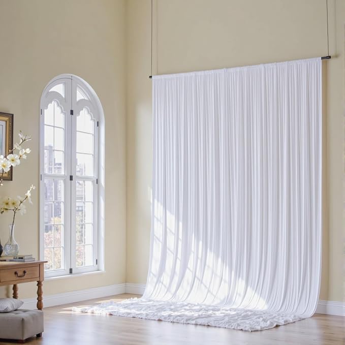 50x14ft White Backdrop Curtains for Wedding Party, 10 Panels 14 ft Long Back Drop Cloth, Wrinkle-Free Polyester Drapes for Birthday, Baby Shower, Stage Photography Background