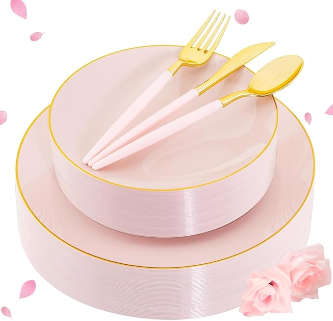 Liacere 150PCS Plastic Plates-Gold Plastic Silverware with Pink Handle - Pink Disposable Plates Include 30 Guests Plates, Forks, Spoons, Knives for Wedding＆Easter Day & Mothers Day