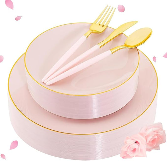 Liacere 150PCS Plastic Plates-Gold Plastic Silverware with Pink Handle - Pink Disposable Plates Include 30 Guests Plates, Forks, Spoons, Knives for Wedding＆Easter Day & Mothers Day