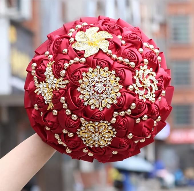 Burgundy Bridal Wedding Bouquet Luxury Gold Rhinestone Brooch Bouquet for Bride Bridesmaid Quinceanera Artificial Satin Rose Flower Bouquet Wedding Burgundy 7.1in